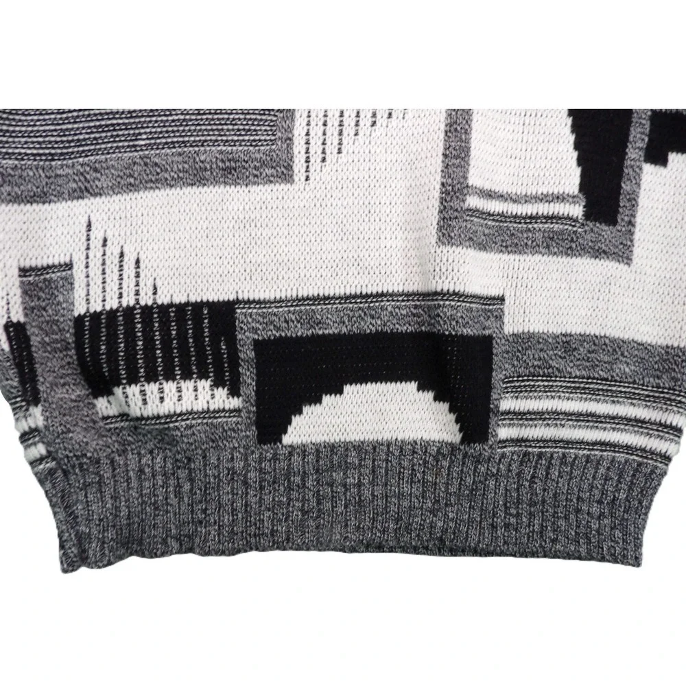 VTG Ashley Knit Sweater Men L Gray Black Abstract Geometric Leather Trim USA 90s